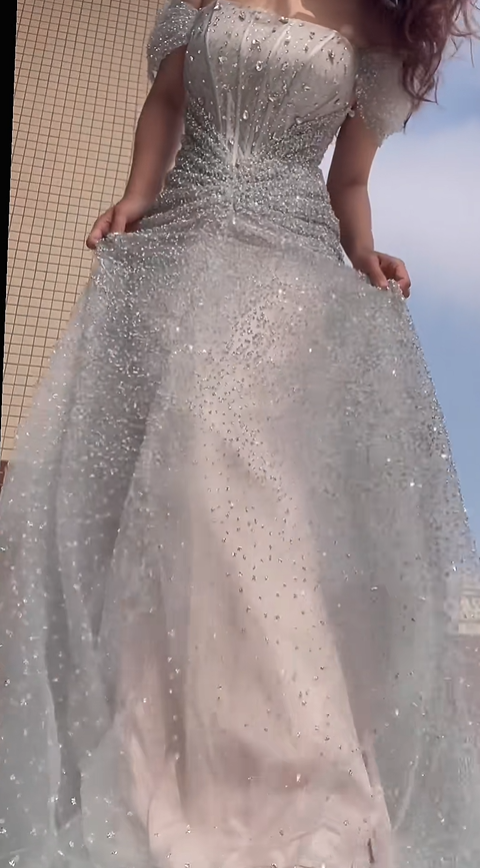 Sparkly Silver Tulle Sequin Beaded Mermaid Long Evening Dress Off The Shoulder Birthday Party Dress D2030