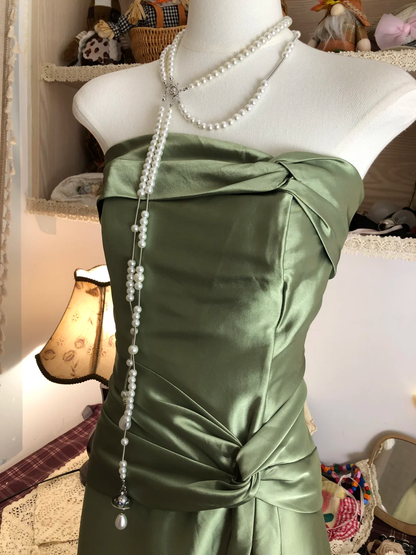 Vintage Strapless Green Satin Long Prom Dress Birthday Party Dress D310