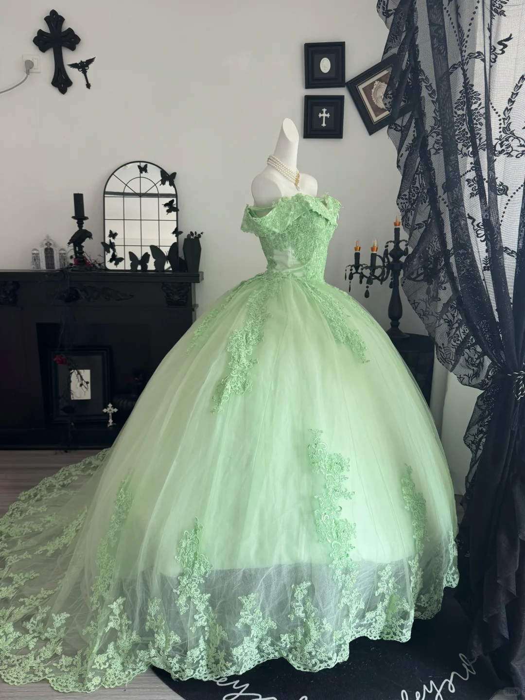 Cute Off The Shoulder Tulle Appliques Sweet 15 Dress,Green Quinceanera Dress With Bow D3722