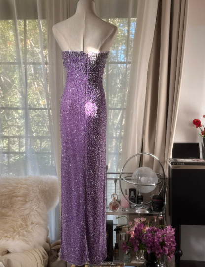 Glamorous Strapless Purple Chiffon Beaded Sheath Slit Prom Dress Long Party Gown D2297