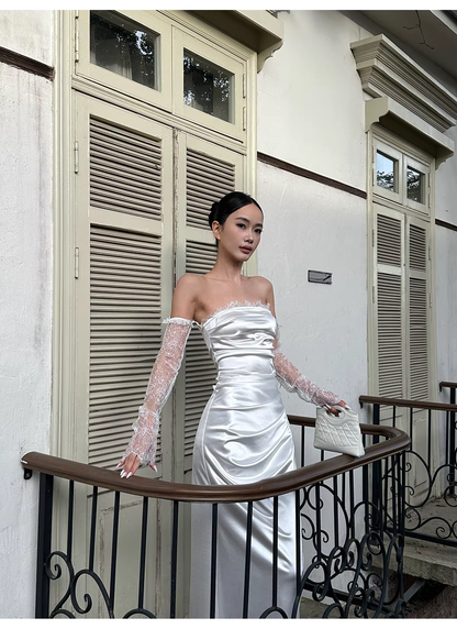 Classy White Off The Shoulder Satin Lace Mermaid Long Wedding Guest Dress Formal Evening Dress Prom Gown D2126