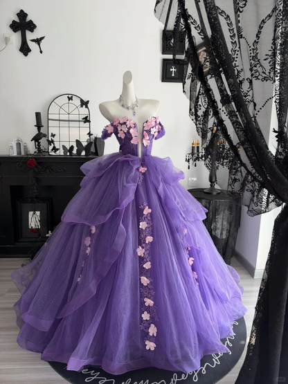 Pretty Purple Quinceanera Dress Off The Shoulder Tulle Appliques Sweet 15 16 Dress D4704