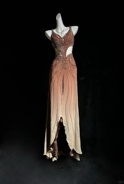 Vintage Ombre Chiffon Beaded Mermaid Evening Dress Long Prom Dress D3116