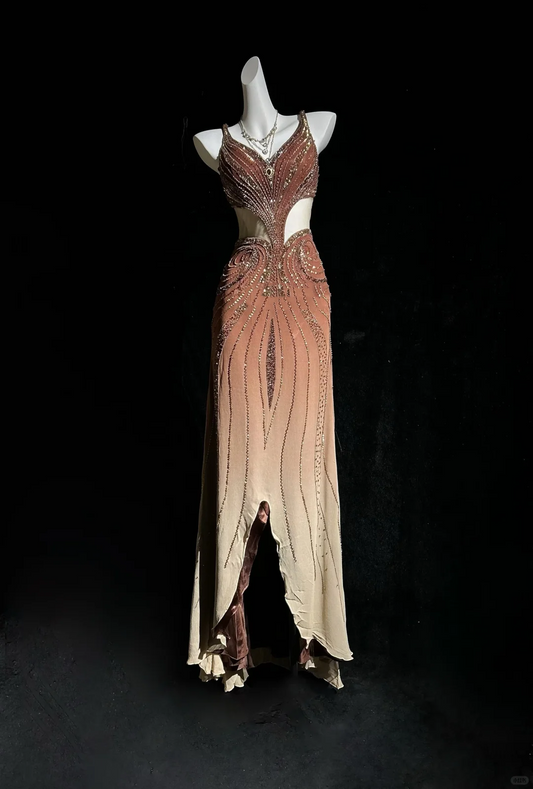 Vintage Ombre Chiffon Beaded Mermaid Evening Dress Long Prom Dress D3116