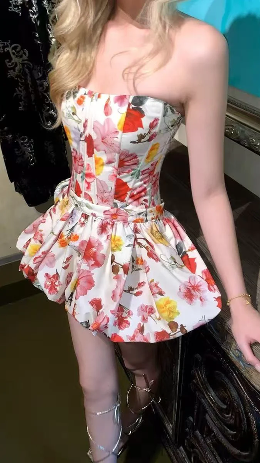 Pretty Strapless Satin Print Floral A Line Short 21st Birthday Outfits Homecoming Dress D797