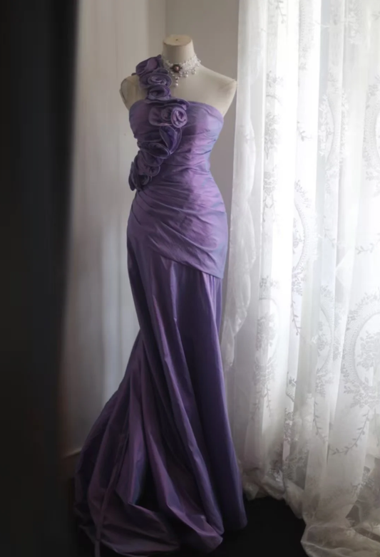 Elegant Purple One Shoulder Satin Floral Mermaid Long Party Dress Formal Wedding Guest Dress D2312