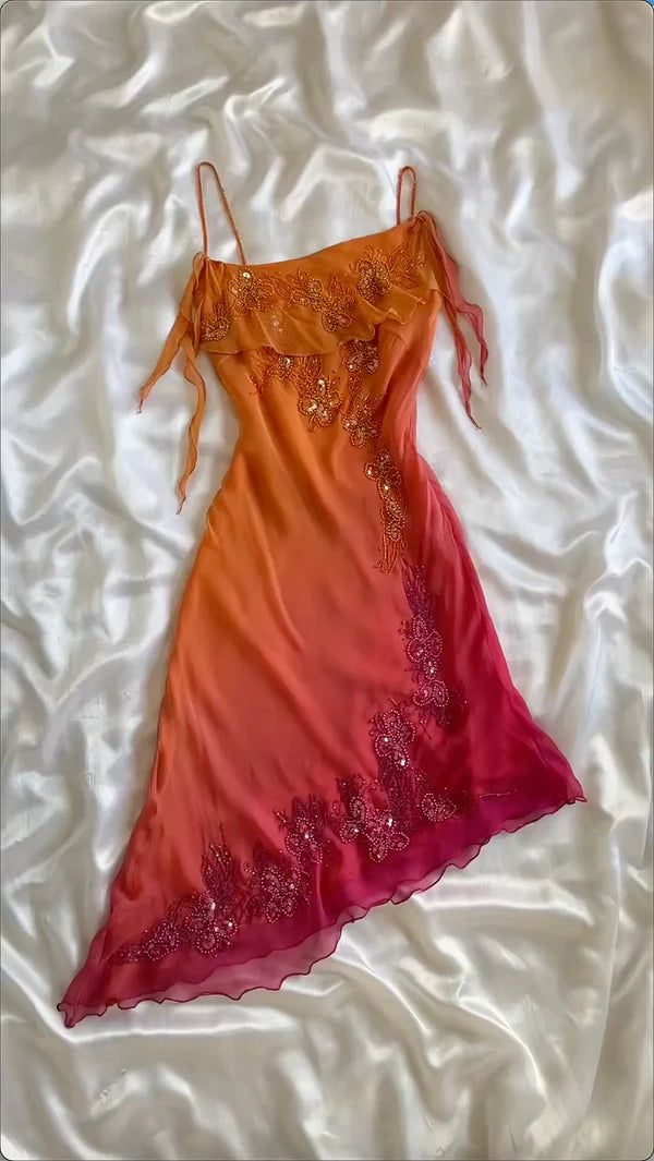 Charming Spaghetti Straps Ombre Orange Chiffon Beaded Formal 7th Grade Homecoming Dress Sexy Cocktail Dress D072
