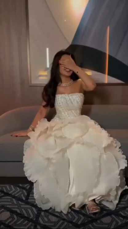 Elegant Strapless White Satin Beaded Tulle Pleated Long Party Dress Evening Dress D4586