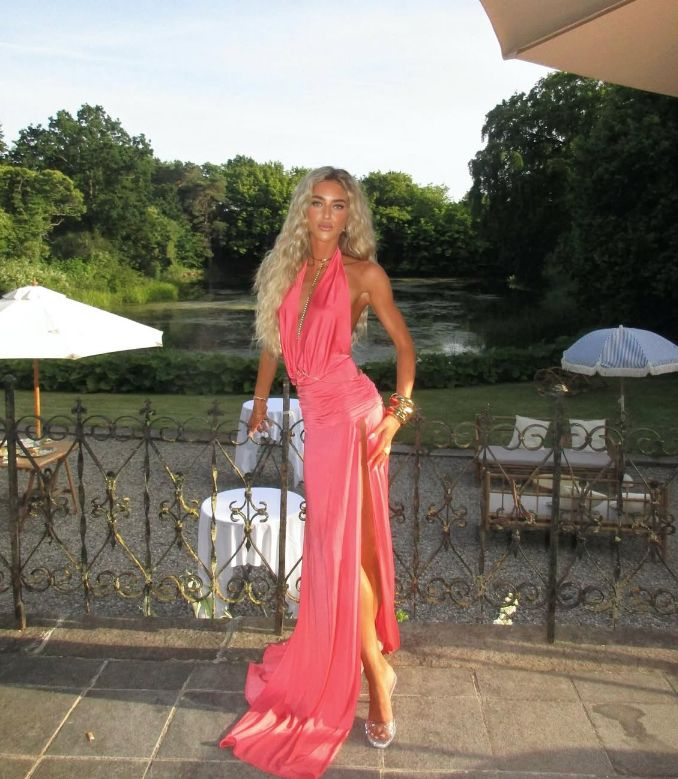 Sexy Halter Deep V Coral Pink Satin High Slit Mermaid Long Evening Dress Prom Dress D4792