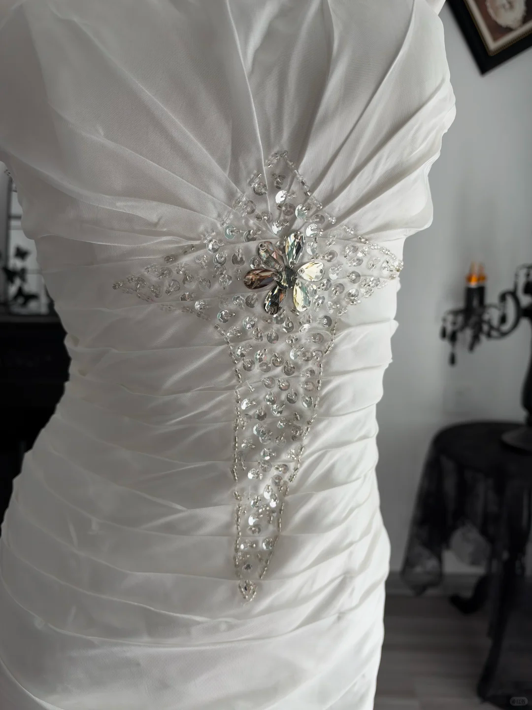 Classy Strapless White Satin Pleated Beaded Mermaid Long Party Dress Prom Dress D4702