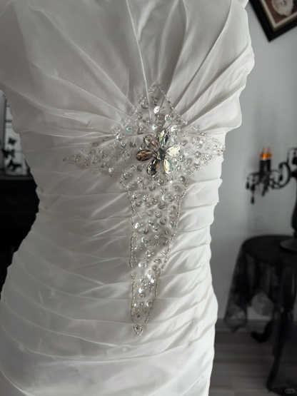 Classy Strapless White Satin Pleated Beaded Mermaid Long Party Dress Prom Dress D4702