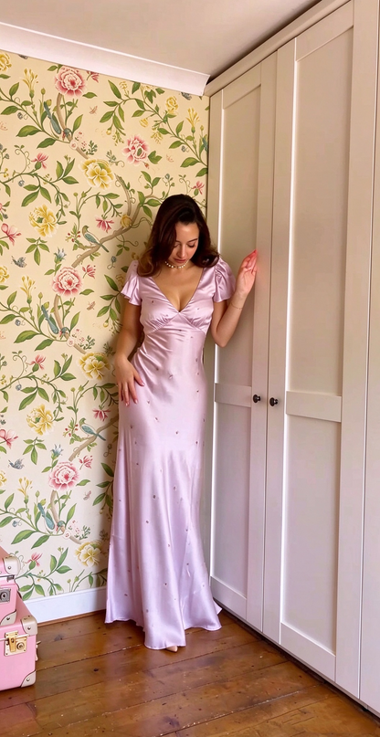 Pretty Purple Satin Beaded Long Party Dress V Neck Mermaid Birthday Prom Gowns D5117
