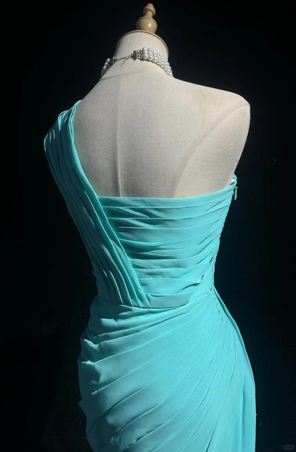 Elegant Tiffany Blue One Shoulder Chiffon Beaded Sheath Cocktail Dress Short Homecoming Dress D3383