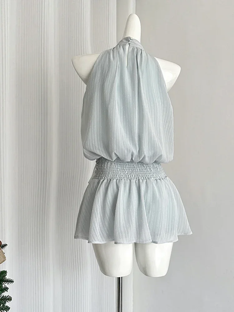 Blue Mini Sleeveless Chiffon Dress Women Frock Vacation Dress S227