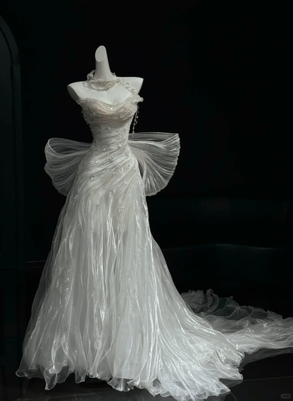 Classy White Tulle Pleated Beaded Mermaid Long Wedding Dress,Formal Bridal Dress With Bow D3084