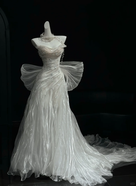 Classy White Tulle Pleated Beaded Mermaid Long Wedding Dress,Formal Bridal Dress With Bow D3084