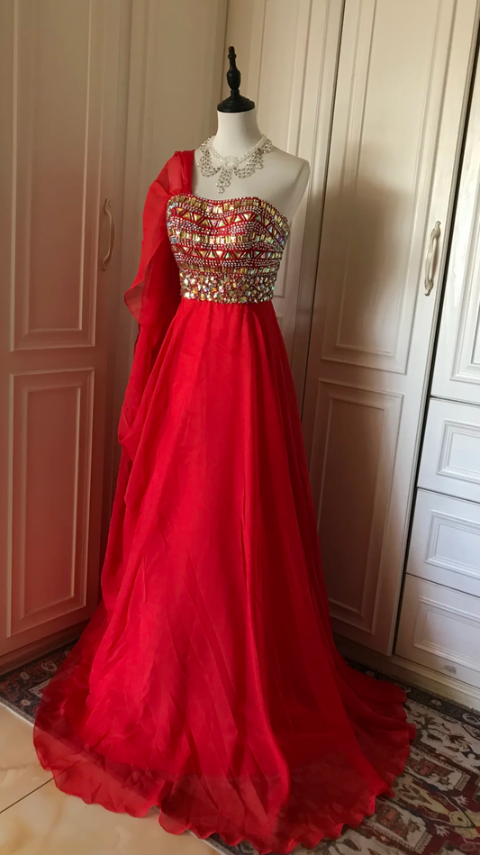 Gorgeous Red Chiffon Beaded Mermaid Long Party Dress Evening Dress D3102
