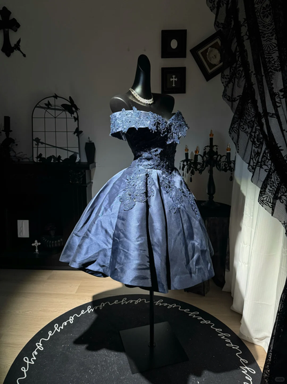 Elegant Navy Blue Off The Shoulder Satin Appliques A Line 7th Grade Homecoming Dress Short Prom Dress D3018
