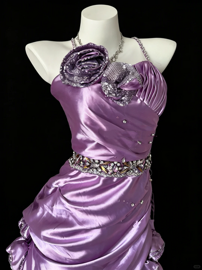 Pretty Spaghetti Straps Satin Beaded Short Party Dress Purple Short Homecoming Dress D5217
