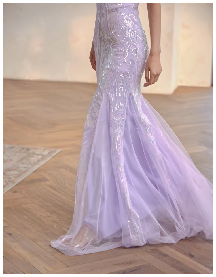 Gorgeous Sweetheart Neck Lavender Tulle Sequin Mermaid Long wedding Guest Dress Formal Evening Dress Prom Gown D2435
