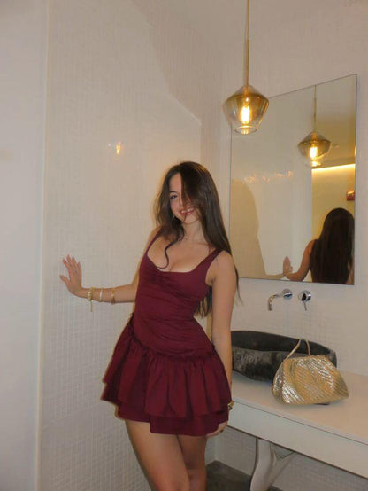 Vintage Burgundy Satin A Line Short 9th Grade Homecoming Dress,Spaghetti Straps Layered Mini Party Dress D4112