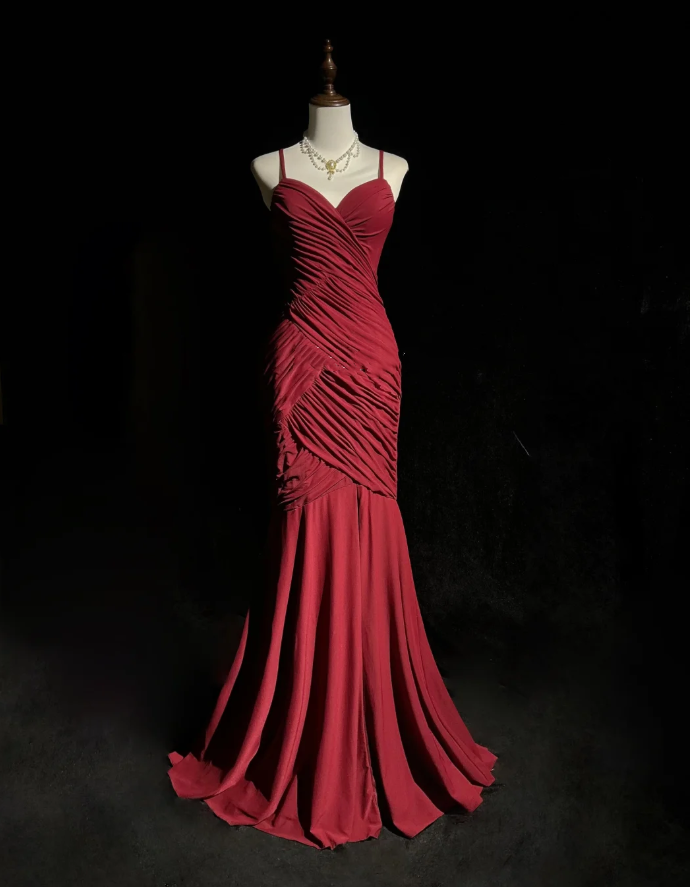 Classy Spaghetti Straps Burgundy Satin Pleated Mermaid Long Party Evening Dress D1991