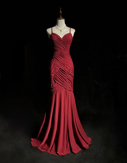 Classy Spaghetti Straps Burgundy Satin Pleated Mermaid Long Party Evening Dress D1991