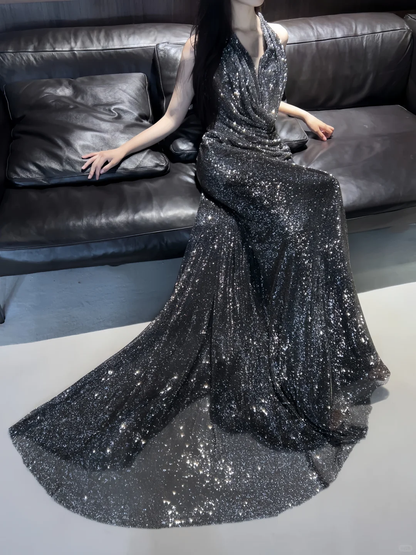Shiny Black Sequin Pleated Mermaid Long Party Dress Halter Long Prom Gown D5088