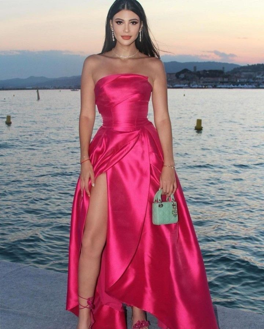 Stylish Hot Pink Strapless Satin A Line Slit Long Wedding Guest Dress Evening Dress D1574