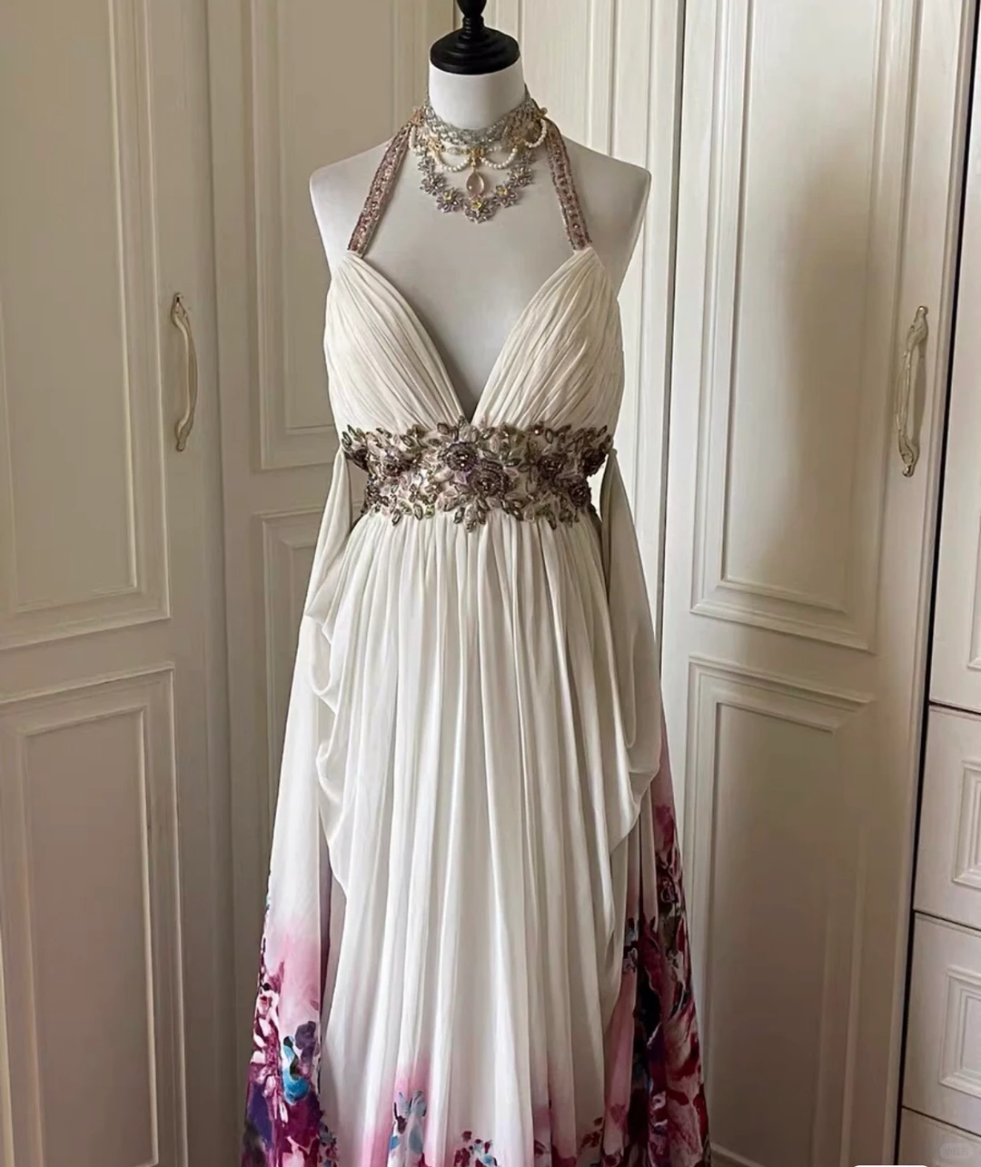 Beautiful Halter Beaded Chiffon Print Floral Mermaid Evening Dress,White Long Party Gown D3105