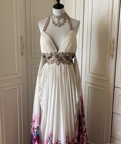 Beautiful Halter Beaded Chiffon Print Floral Mermaid Evening Dress,White Long Party Gown D3105
