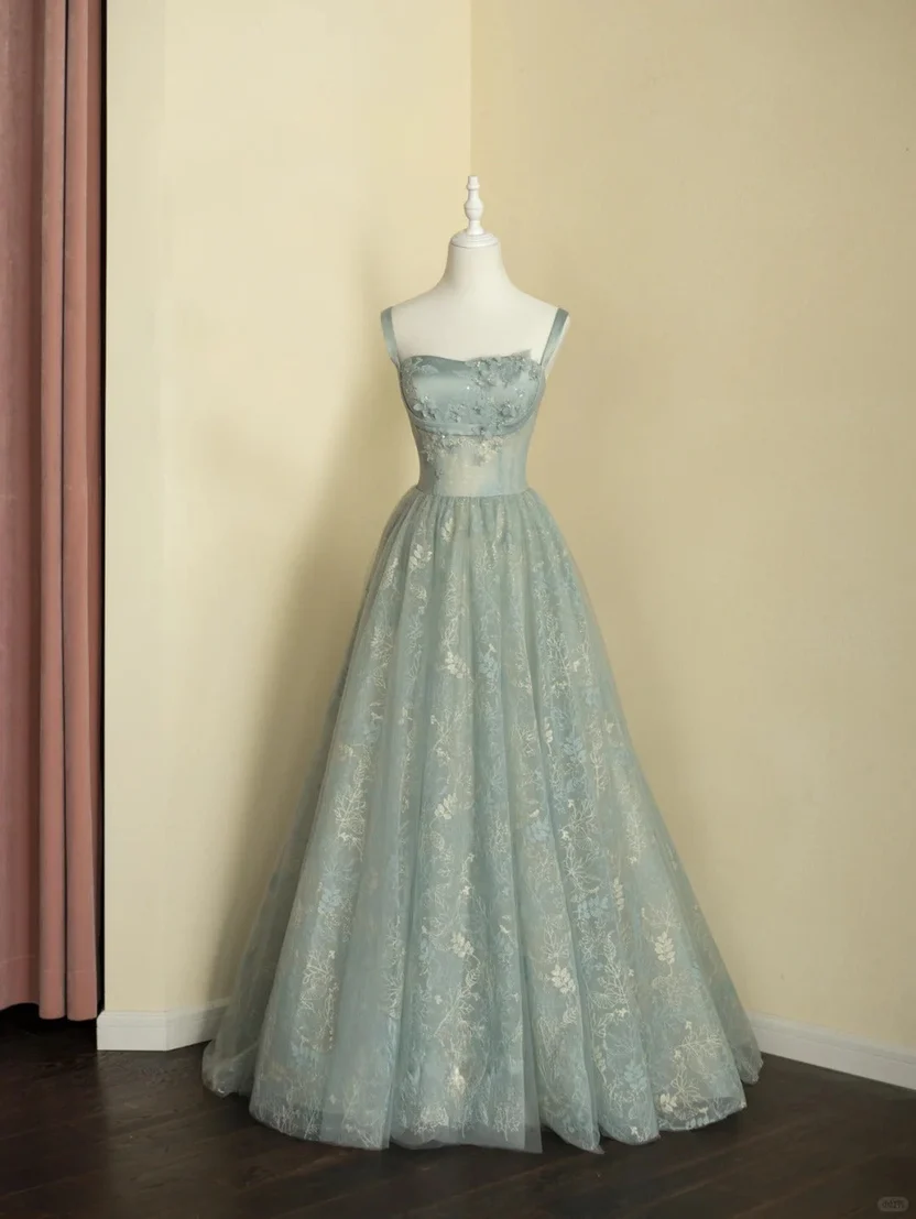 Beautiful A line Straps Sage Green Long Tulle Prom Dress SD1490