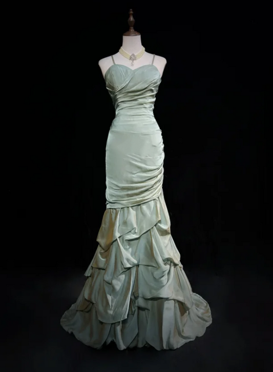 Charming Spaghetti Straps Green Satin Pleated Ruffles Layered Mermaid Long Evening Dress Wedding Guest Dress D1849