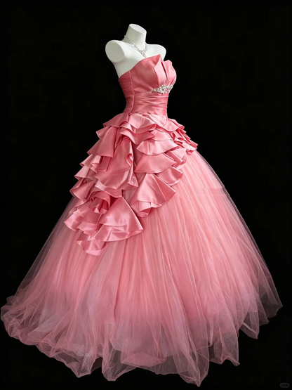 Pretty Strapless Tulle Satin Ruffle Beaded Birthday Quinceanera Dress Pink Sweet 16 Dress D5292