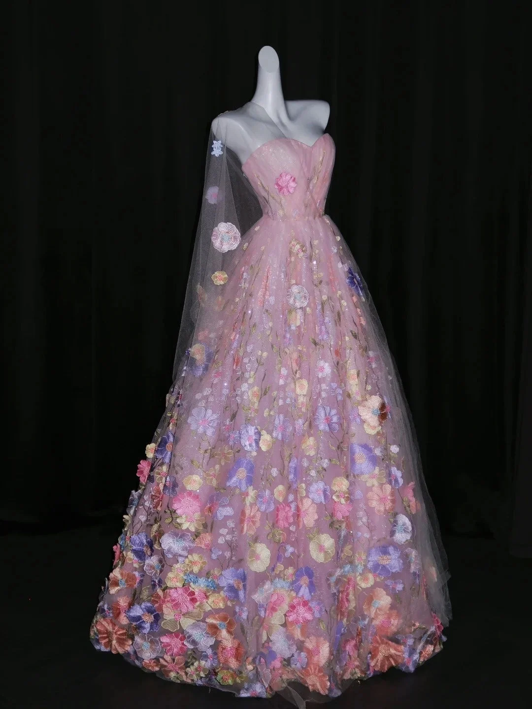 Pretty Strapless Pink Sleeveless Floral Tulle Long Prom Dress Birthday Party Dress D4264