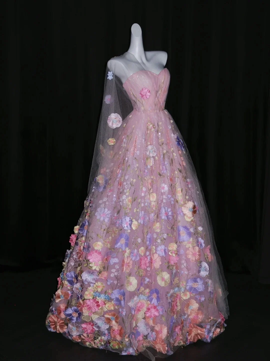 Pretty Strapless Pink Sleeveless Floral Tulle Long Prom Dress Birthday Party Dress D4264