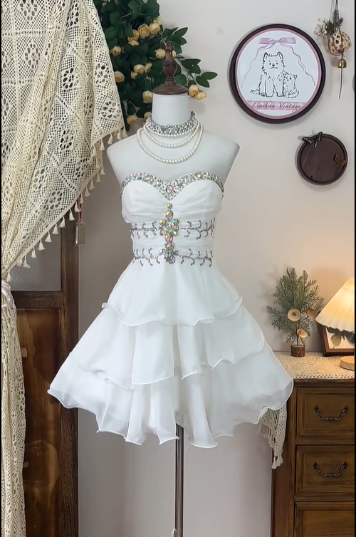 Vintage Strapless White Chiffon Beaded Short Birthday Dress Homecoming Dress S330