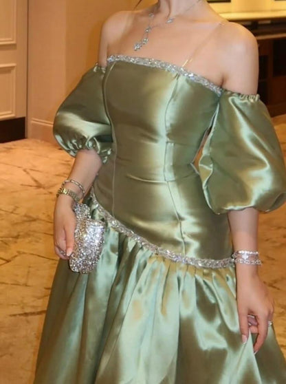 Elegant Sage Green Satin Beaded Long Party Dress Off The Shoulder Long Evening Dress D4751