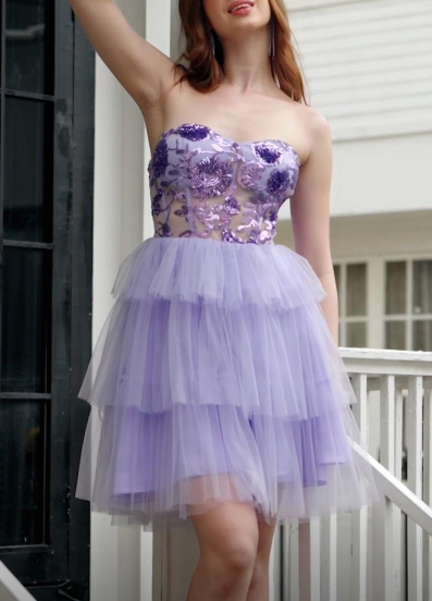 Elegant Lilac Tulle Strapless A Line Short Prom Dress Formal 6th Grade Homecoming Dress D739