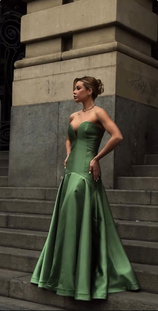 Vintage Sweetheart Neck Green Satin Mermaid Evening Dress Long Party Gown D1352