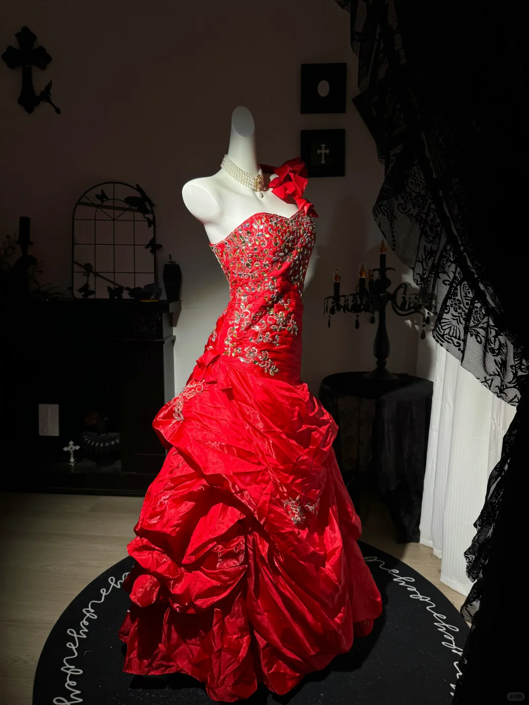 Stylish Red Satin Ruched Beaded Mermaid Party Dress,One Shoulder Long Evening Gown D3733