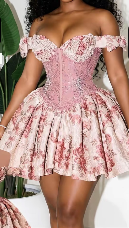 Pretty Off The Shoulder Satin Print Floral Short Prom Dress Pink Short Graduation Homecoming Dress D4667
