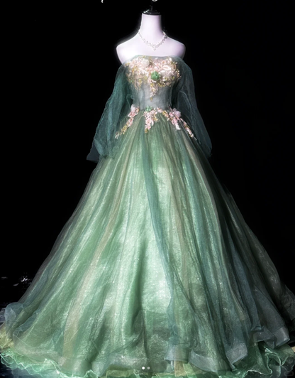 Charming Green Tulle Lace Appliques Long Prom Dress Evening Gown D935