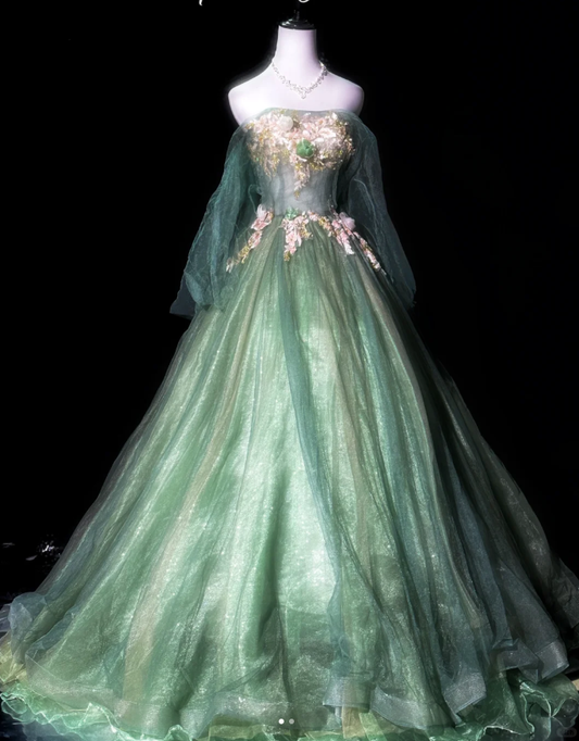 Charming Green Tulle Lace Appliques Long Prom Dress Evening Gown D935