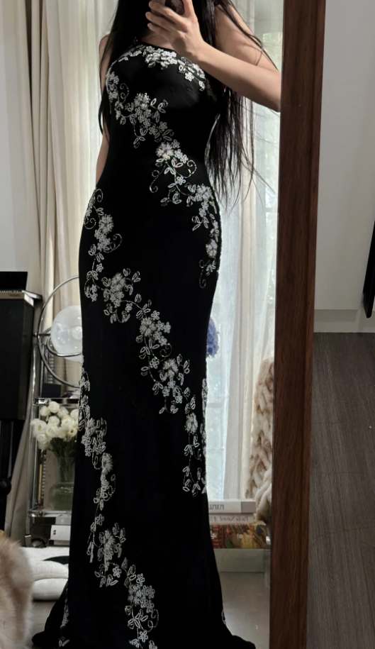 Classy One Shoulder Black Chiffon Beaded Mermaid Long Party Dress Evening Gown D2304