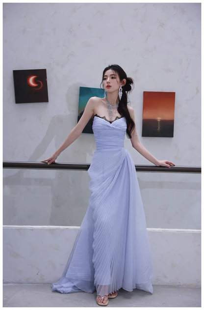 Classy Haze Blue Strapless Tulle Pleated Mermaid Long Party Dress Evening Gown D2460