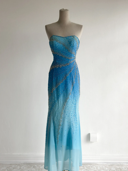 Glamorous Strapless Ombre Blue Chiffon Beaded Mermaid Long Evening Dress Party Gown D5418
