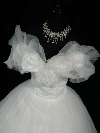 Fairy Ball Gown Off The Sholder 3D Flowers White Tulle Beaded Long Evening Dress Birthday Dress D2507