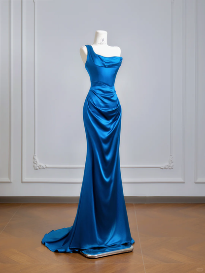 Elegant One Shoulder Satin Mermaid Evening Dress Prom Gowns Blue Long Wedding Guest Dress D2503