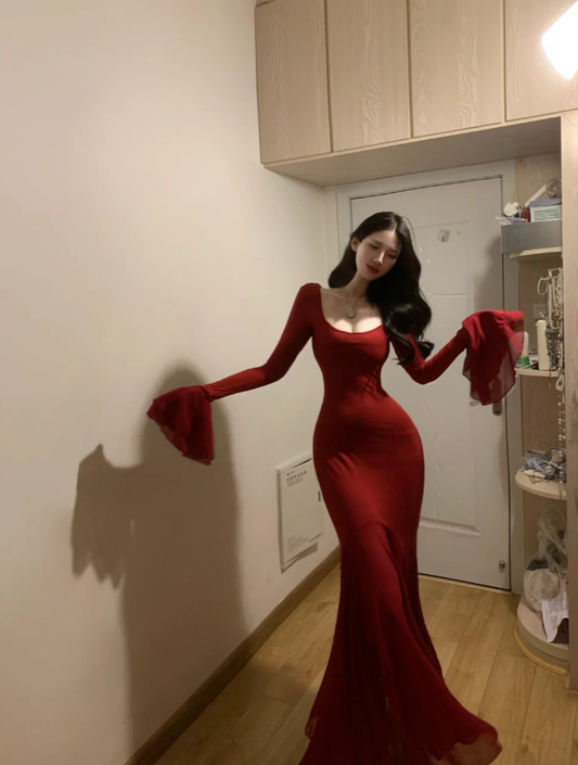 Charming Red Chiffon Mermaid Long Party Dress Prom Gown D844